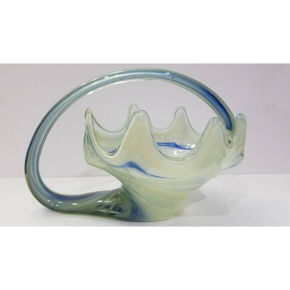 Vintage Handblown Swirled Glass Bowl/Basket/Candy Dish with Handle